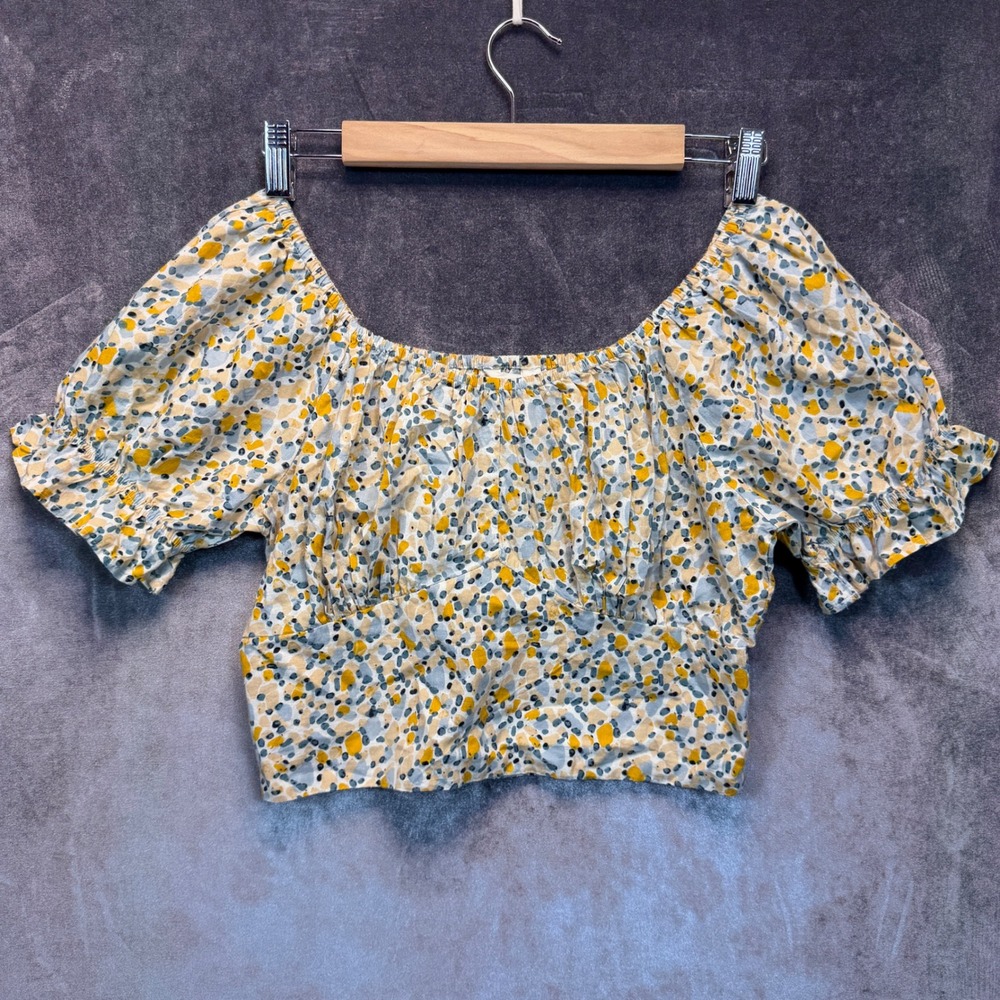 Sim & Sam Crop Top Womens Yellow Regular XL Floral Puff Sleeve Smocked Back